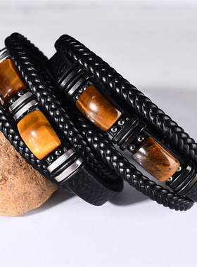 欧美热卖虎眼石手链男多层绳