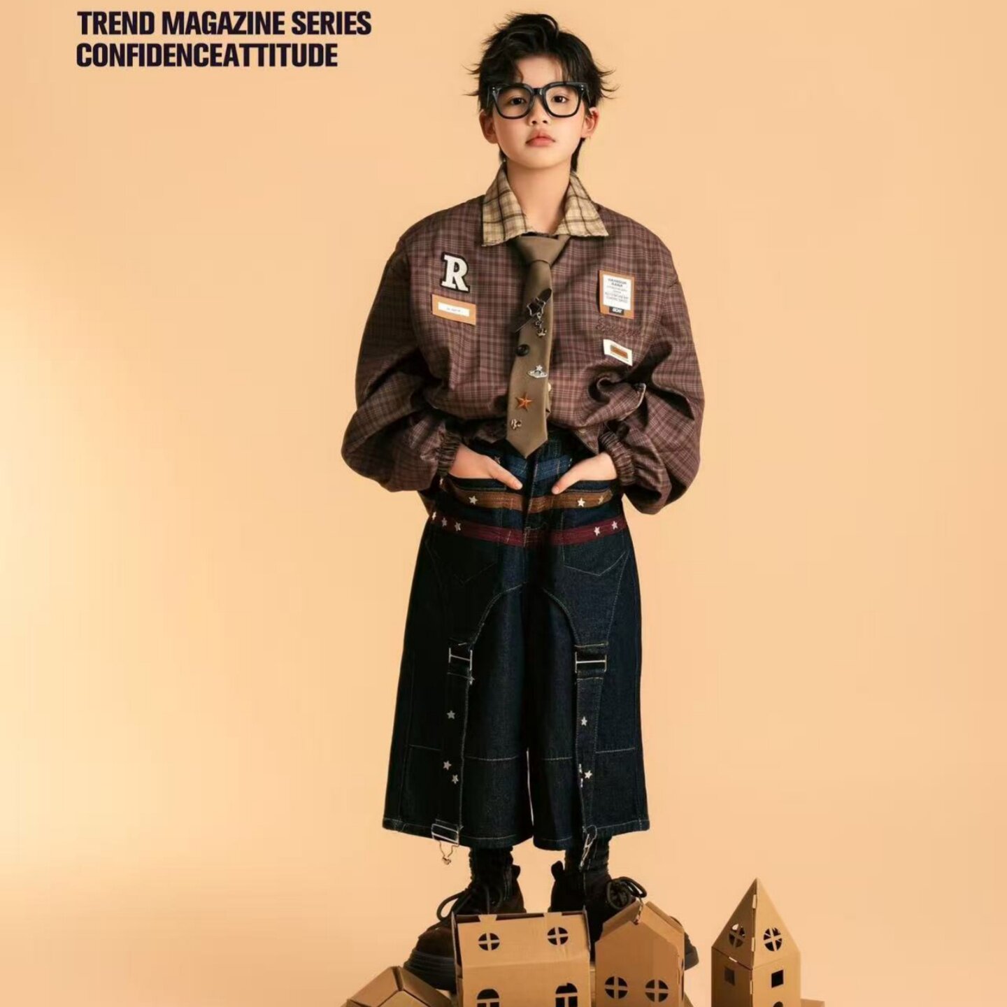 儿童摄影服装咖色美式复古主题