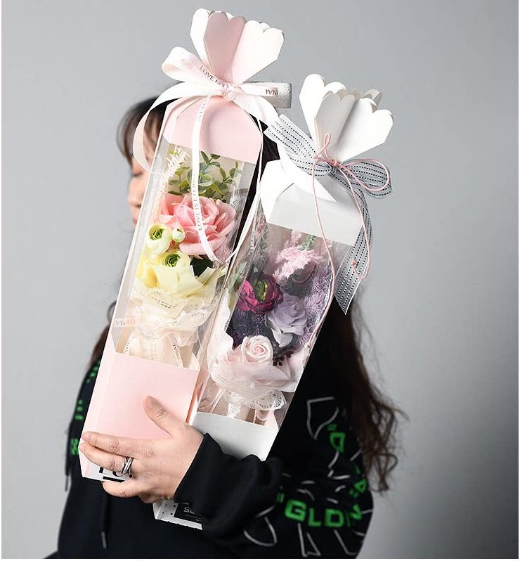 情人节盒子糖衣炮弹鲜花包装礼盒方形PVC折叠纸盒玫瑰花束插花盒