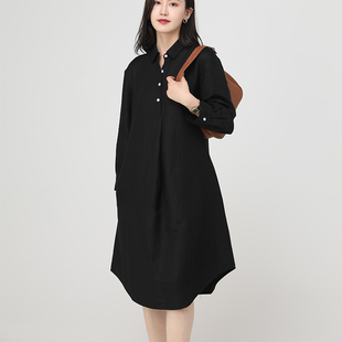 棉麻亚麻连衣裙长袖春夏凉爽A型女休闲宽松减龄遮肚麻连衣裙大码