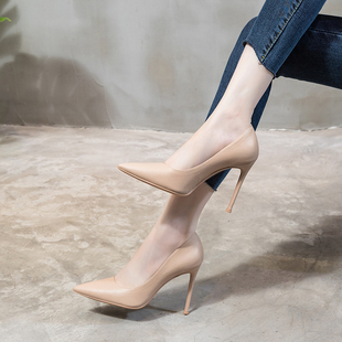 中跟尖头单鞋 H.H 女细跟裸色软皮春秋季 Shoes气质推荐 性感高跟鞋