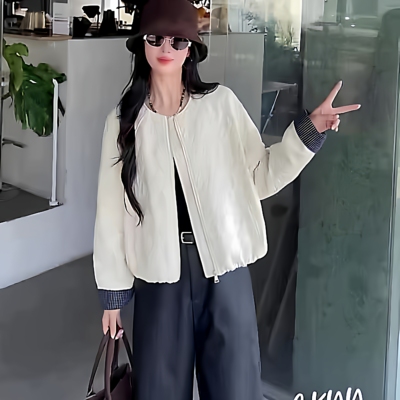 村口伊依825172秋新款宽松休闲菱格圆领轻薄款棉衣外套棒球服夹克