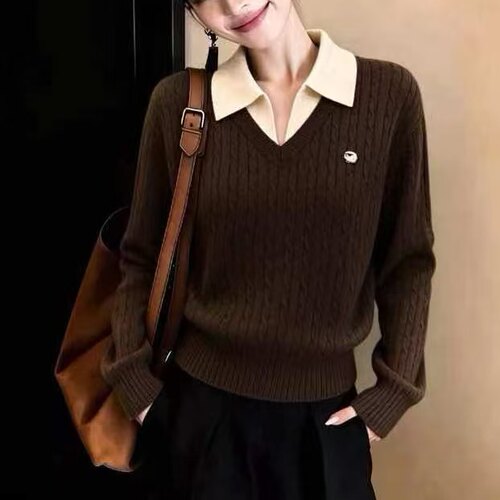 36301复古撞色翻领假两件麻花针织衫女2026秋季新款百搭显瘦毛衣