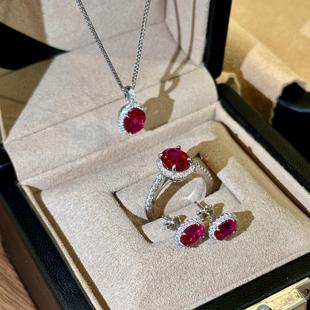s925银镀金鸽血红鸽子蛋百搭耳钉戒指项链套装 蕾迪 红色朗姆酒