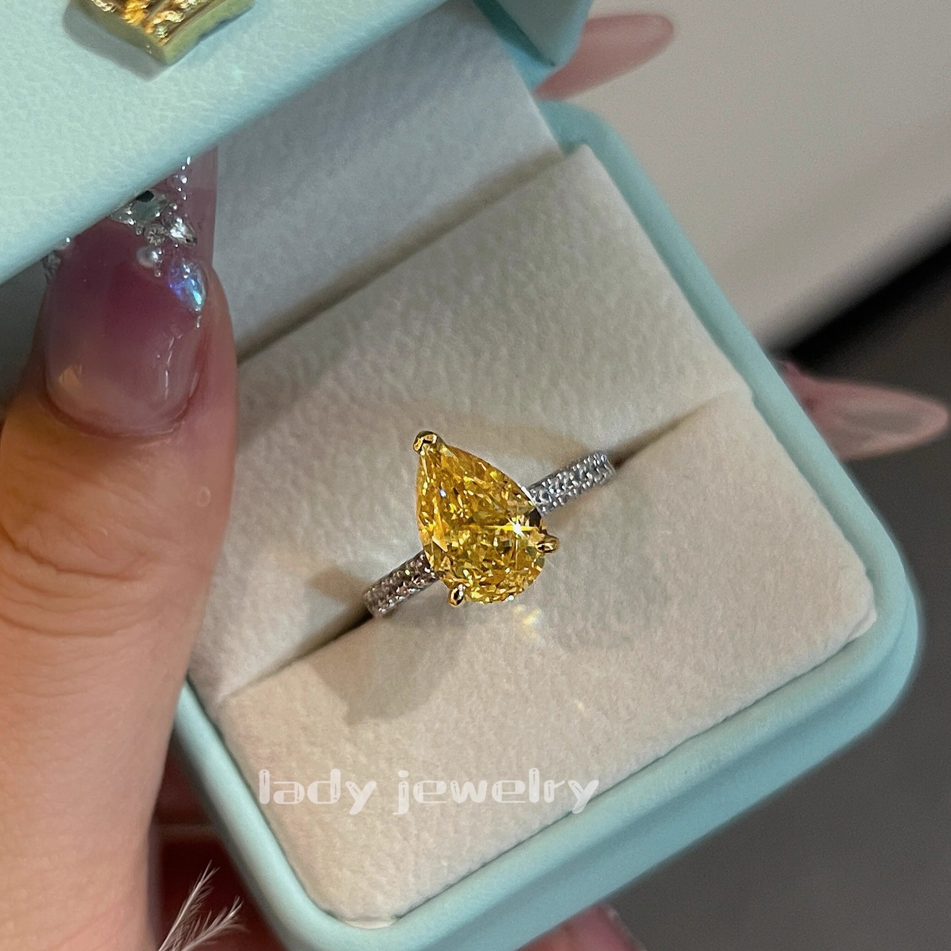 蕾迪高定s925银镀真金艳彩黄fancy vivid yellow水滴戒指
