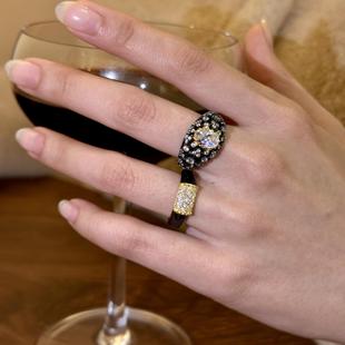 蕾迪 s925银镀黑金轻奢复古镂空设计满天星百搭戒指 黑暗法则