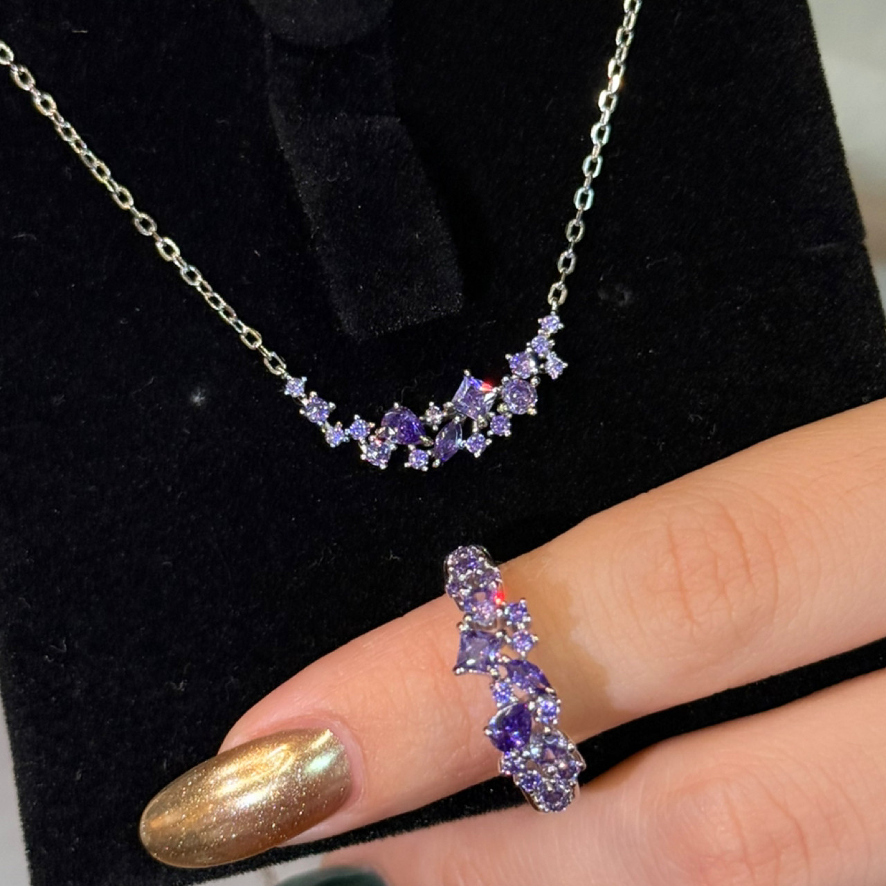 蕾迪「一帘幽梦」星紫色s925银镀真金高定异形迷雾钻戒指项链套装