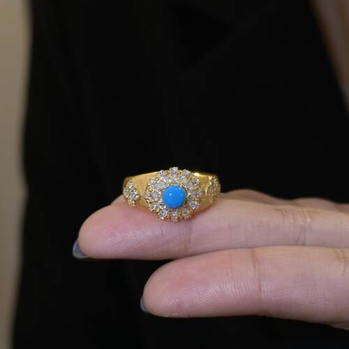 蕾迪[蓝合成美松] 拉丝s925银镀金蛋面戒指女宫廷风指环小众百搭