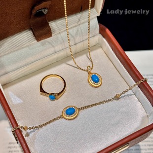 蕾迪［合成美松石］提夫尼浓艳蓝s925银拉丝錾刻戒指手链项链套装