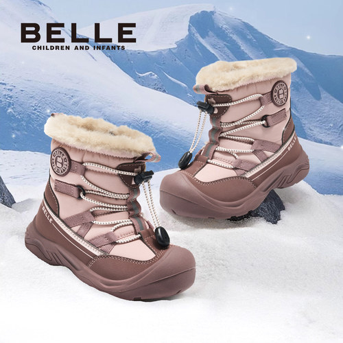 百丽官方正品女童雪地靴加绒加厚