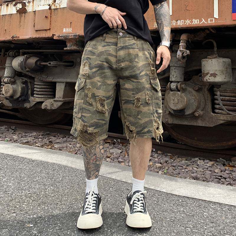 水洗做旧迷彩工装牛仔短裤