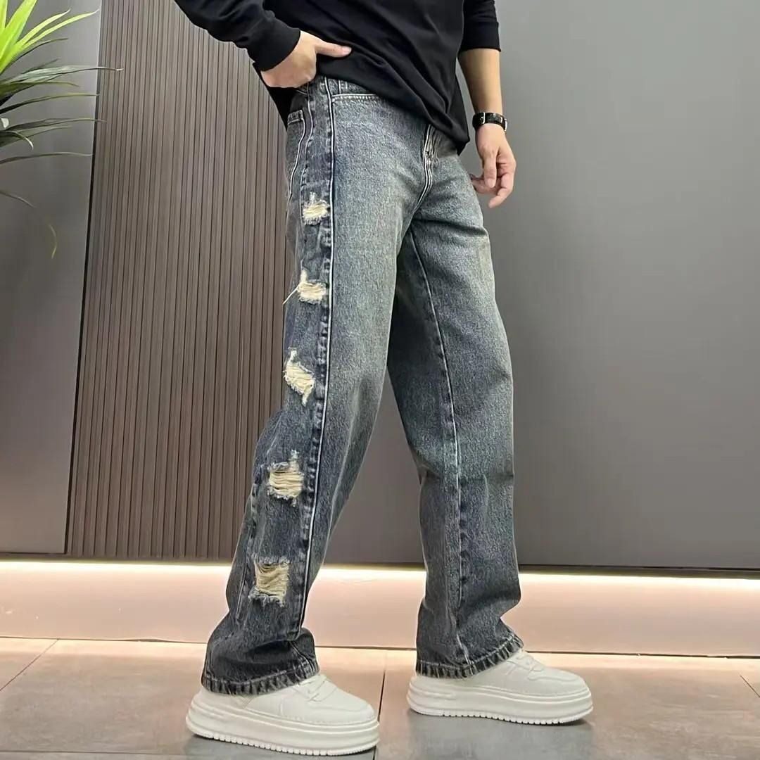 复古破洞牛仔裤宽松男款直筒春秋水洗美式个性休闲小众长裤裤子