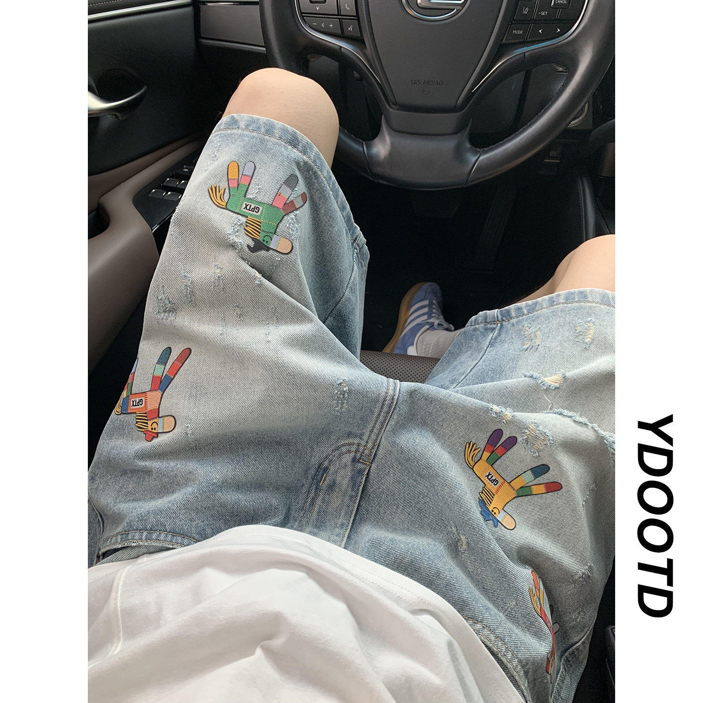 水洗浅蓝色小马印花破洞牛仔短裤男夏季潮牌痞帅炸街轻奢五分五分