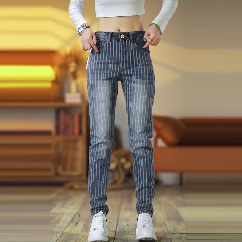 男士复古水洗条纹修身牛仔裤
