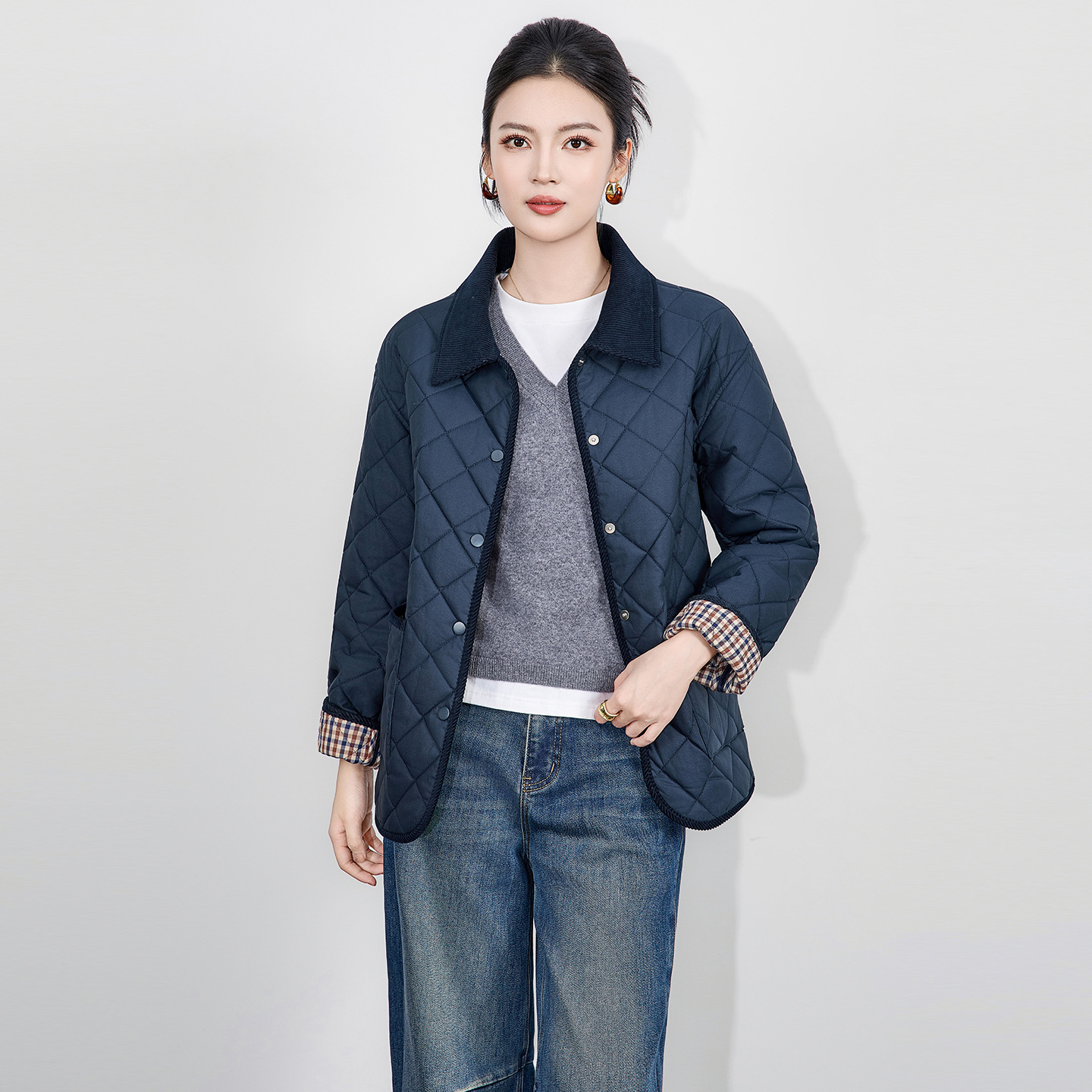 高级感菱形格减龄polo领休闲夹棉外套女棉服外套2025冬季新款