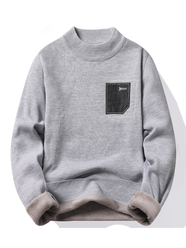 SEMI-TURTLENECK SWEATER FOR MEN AUTUMN AND WINTER FASHION BRAND VELVET THICKENED AND WARM INNER LAYER YOUTH MID-NECKLINE KNITWEAR FOR MEN