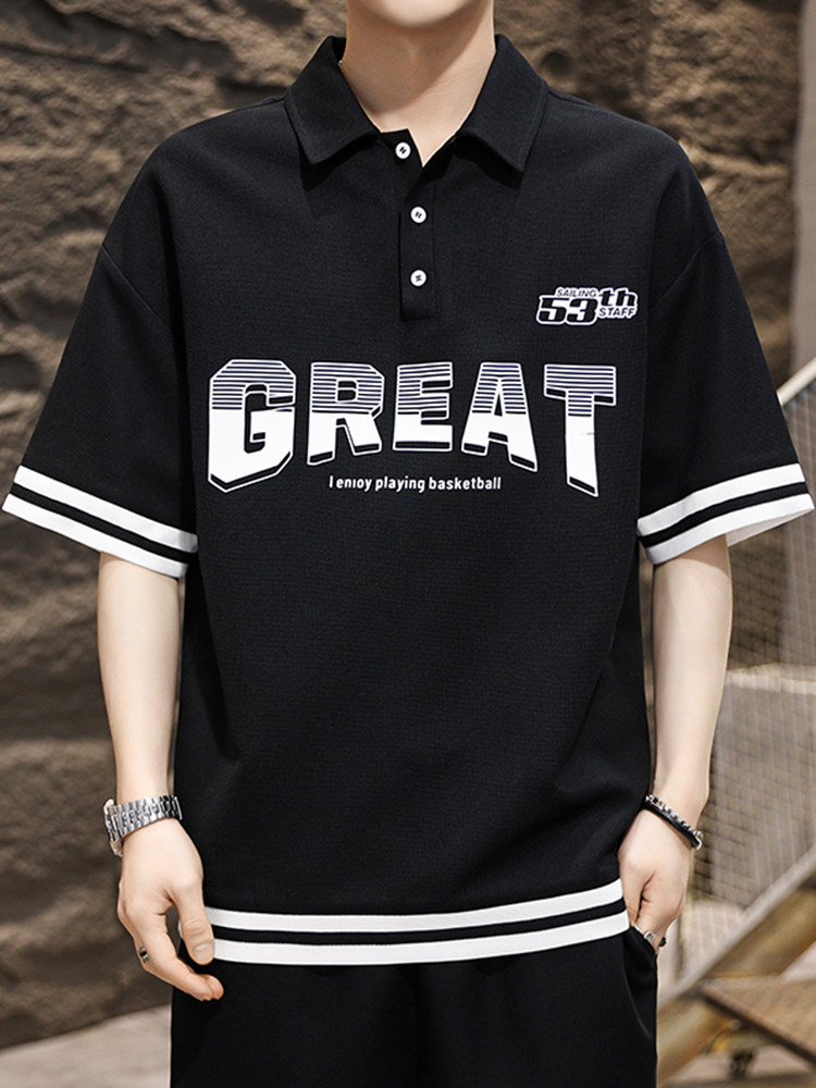 MONOGRAM PRINT POLO SHIRT SHORT SLEEVE MENS SUMMER FASHION BRAND ROLL-NECK HALF-SLEEVED T-SHIRT KOREAN SIMPLE CASUAL ICE SILK SHIRT