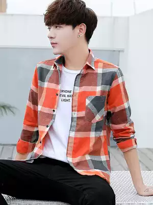 Red plaid shirt men long sleeve Korean version trend handsome casual shirt men autumn harbor style shirt jacket ins