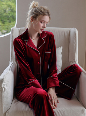 2025年新款新娘结婚金丝绒睡衣喜庆陪嫁丝绒女秋冬红色本命年套装