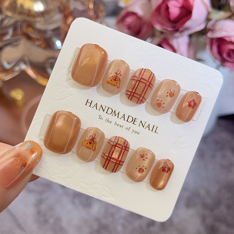 手工短款穿戴甲格纹花朵可拆卸