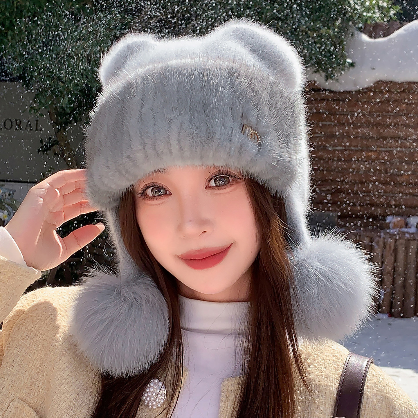 甜美可爱时尚水貂毛护耳帽女冬季兔毛混纺毛线针织皮草帽韩版新款