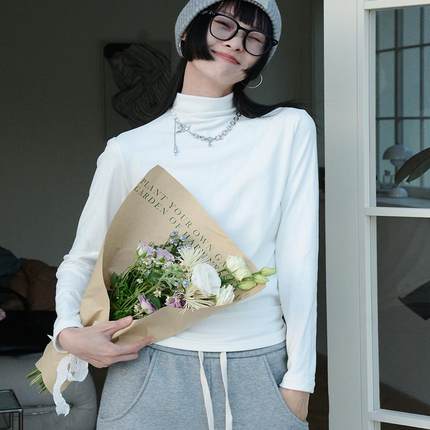 发热白T打底衫!保暖女2024新秋冬内搭可外穿加绒灰色修身长袖上衣