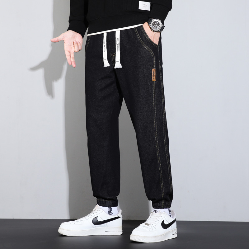 秋冬款松紧腰高弹力抽绳束脚牛仔裤男青年哈伦裤加绒长裤子潮男装