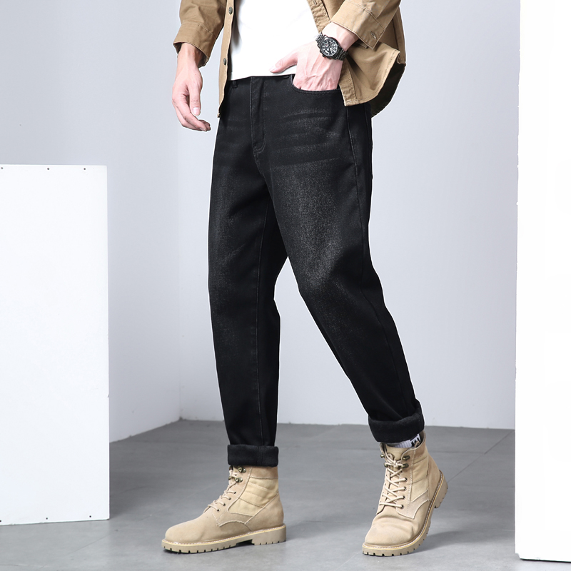 2025秋冬厚款弹力小哈伦牛仔裤男青年修身小脚加绒长裤子男装大码