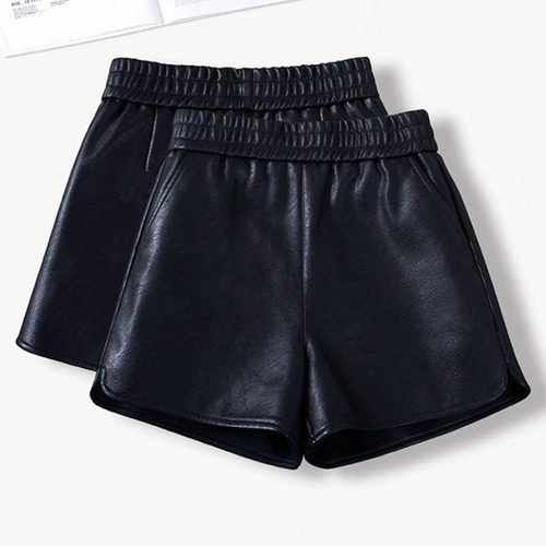 2024秋冬新款pu皮短裤女黑色松紧腰阔腿裤大码显瘦外穿百搭短裤女