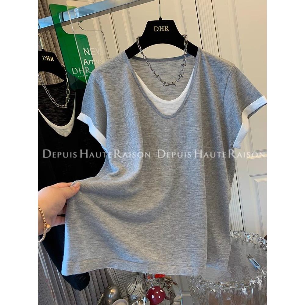 洋气假两件拼接短袖T恤针织衫