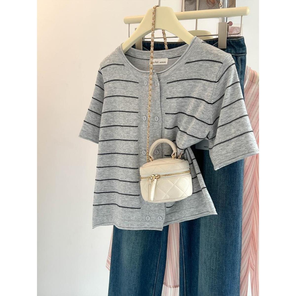 300斤大码韩系条纹宽松圆领冰丝