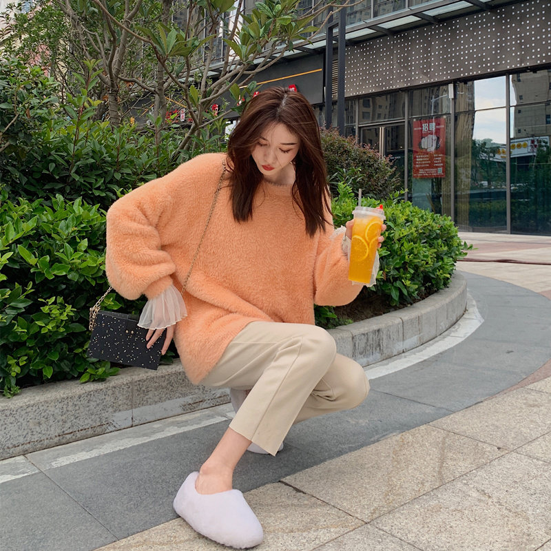 很仙的糖果色套头毛衣女水貂绒长毛秋冬宽松减龄针织衫灯笼袖加厚