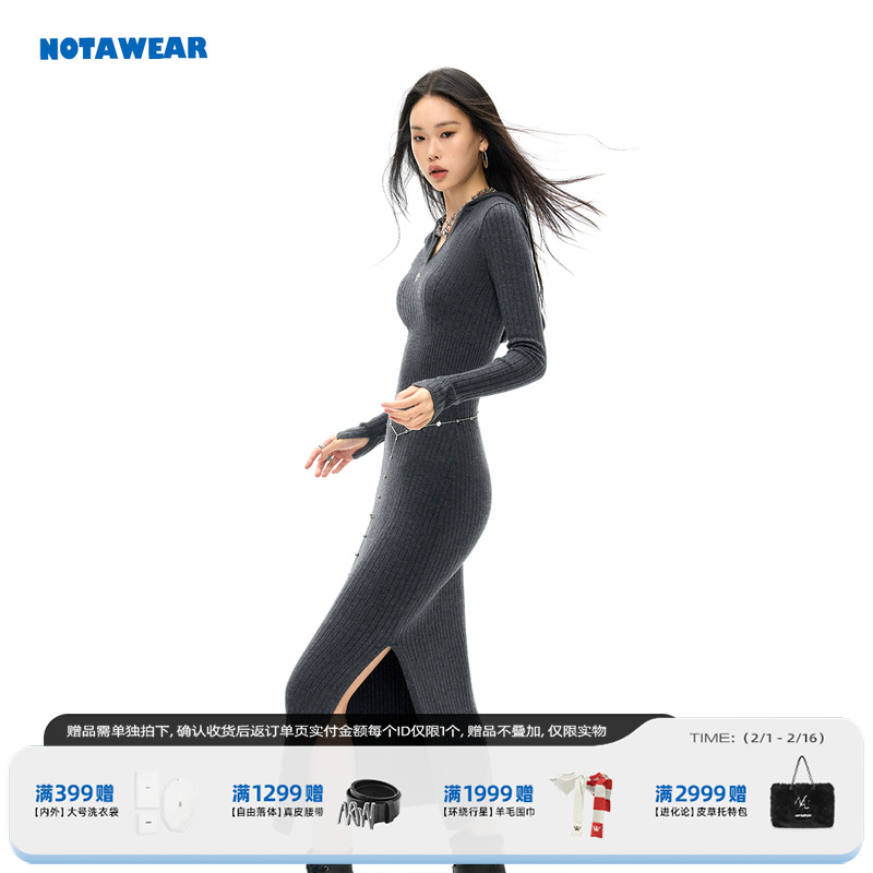 NOTAWEAR 温暖迁徙 皮草伴侣显腰身 修身羊毛连帽针织长袖连衣裙