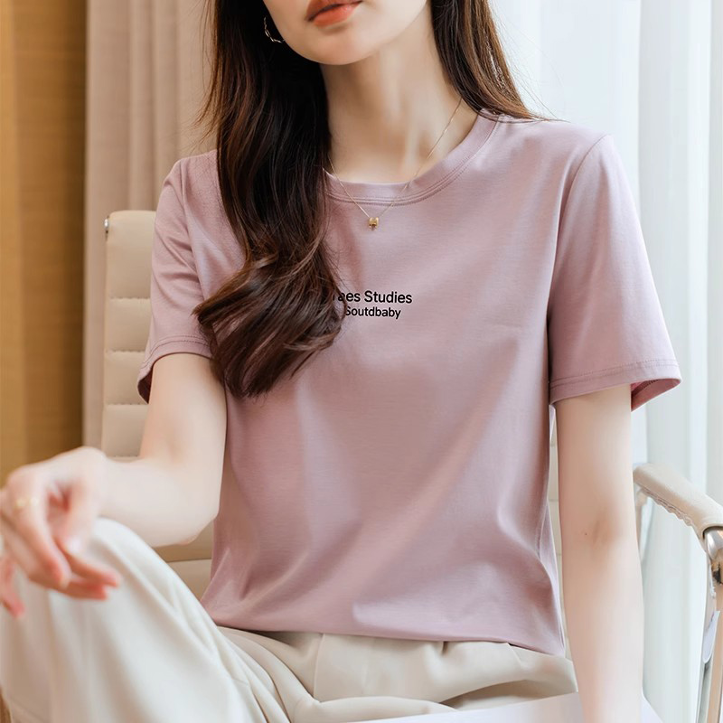 60S液氨短袖t恤丝光棉2025年圆领宽松纯棉打底衫半袖体恤上衣夏