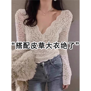 V领蕾丝打底衫女2025新款2025秋装新款加绒加厚网纱性感内搭上衣