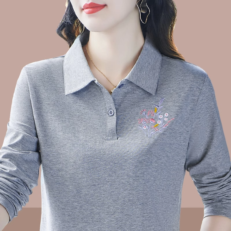 polo领灰色长袖T恤女2025新款秋季有领刺绣欧货高端大牌内搭上衣