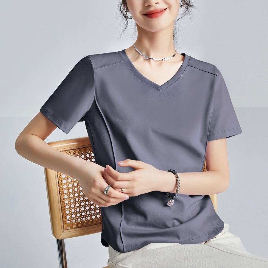 2025年新款液氨纯色短袖t恤女气质丝光棉V领打底衫 洋气体恤半袖