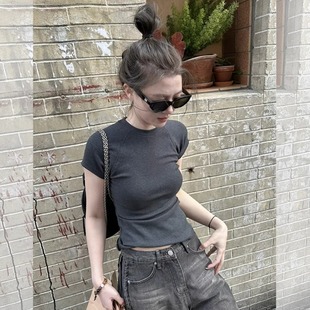 T恤女2025初夏穿搭简约修身 灰色正肩短袖 显瘦纯色圆领体恤上衣潮