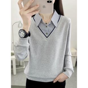 POLO领拼接假两件纯棉卫衣女2025秋冬新款长袖T恤打底衫套头上衣