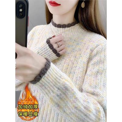 半高领加绒加厚毛衣女秋冬宽松内搭可外穿针织打底衫初中生上衣