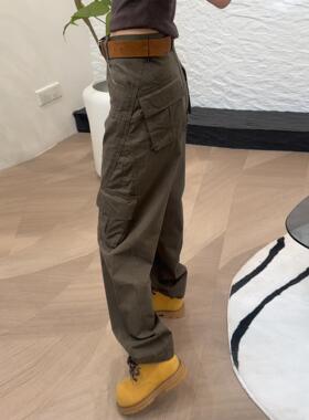军绿色工装裤女春秋新款耐磨耐脏超火酷飒风高腰窄版牛仔裤弯刀裤