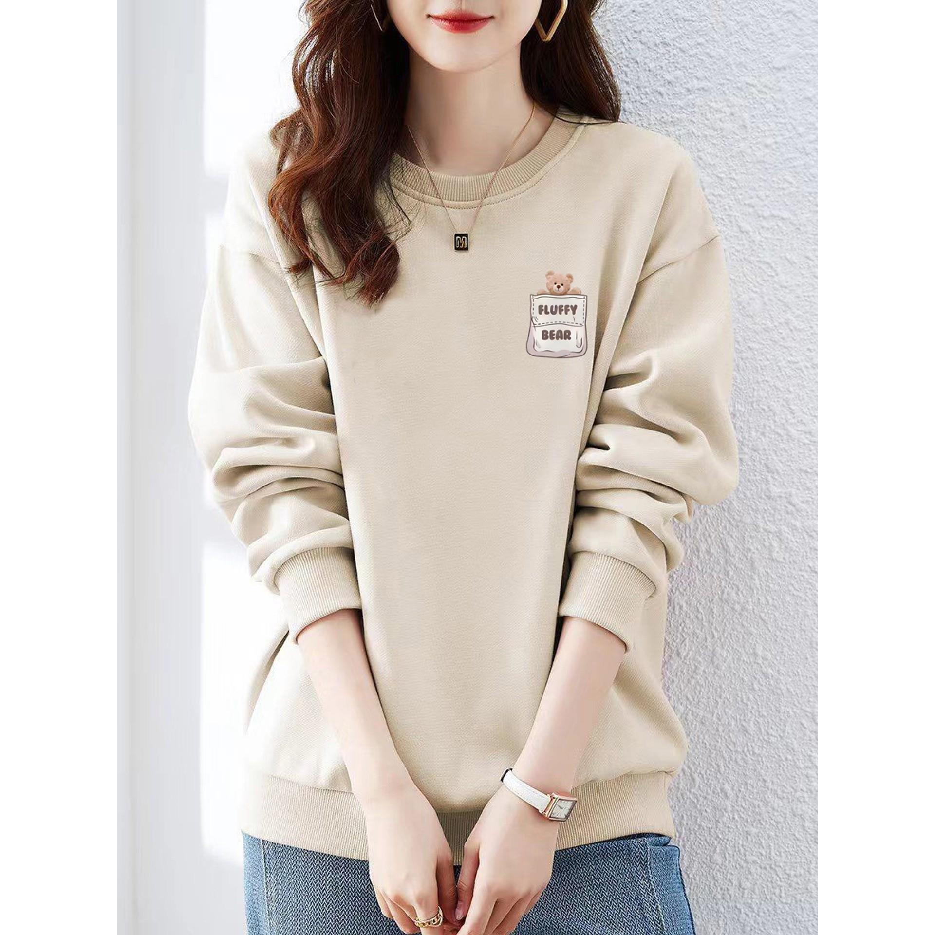 杏色纯棉卫衣长袖T恤女秋冬季加绒加厚宽松时尚印花打底衫上衣