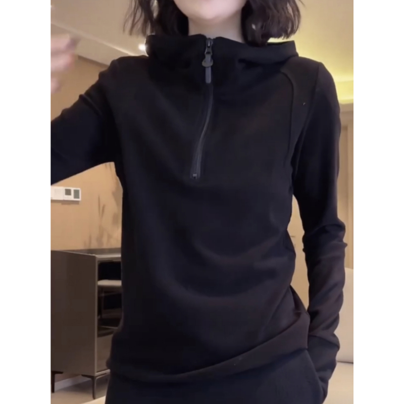 加厚德绒连帽卫衣女春秋半拉链修身显瘦可外穿磨毛内搭打底衫上衣