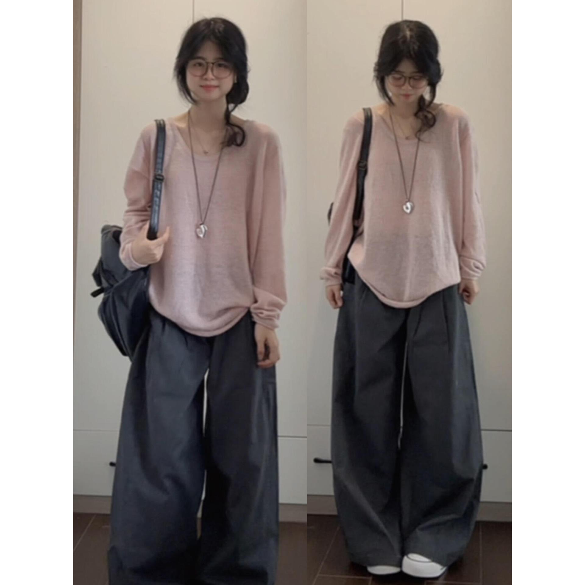 韩系高级感粉色针织长袖T恤女春秋慵懒宽松打底衫巨好看轻熟上衣