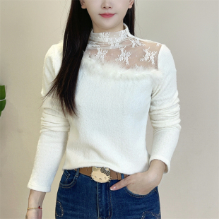 迪否韩版针织打底衫女款半高领毛边设计感内搭蕾丝气质上衣2598