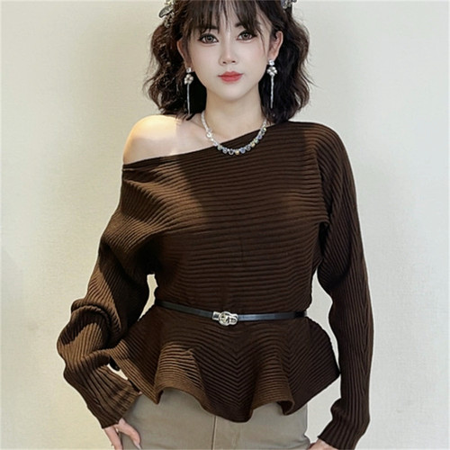 迪否斜肩收腰针织衫女款秋季气质轻熟风修身通勤高级感上衣2564