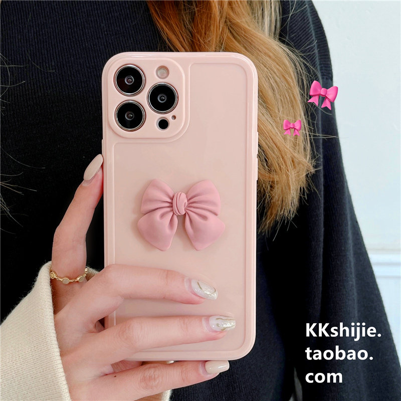 立体粉色蝴蝶结适用苹果11promax手机壳iphone12/13爱心软壳14pro