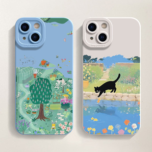 壳壳大世界春日戏水猫咪适用苹果16promax手机壳硅胶套iPhone14手机套13保护套12pro新款 女11全包防摔15p软8p