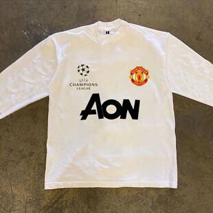 260g纯棉曼联队logo足球文化印花美式男长袖T恤球衣印花长袖上衣