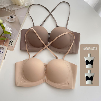2025双排前扣半杯美背小平胸聚拢内衣女无钢圈无肩带隐形性感文胸